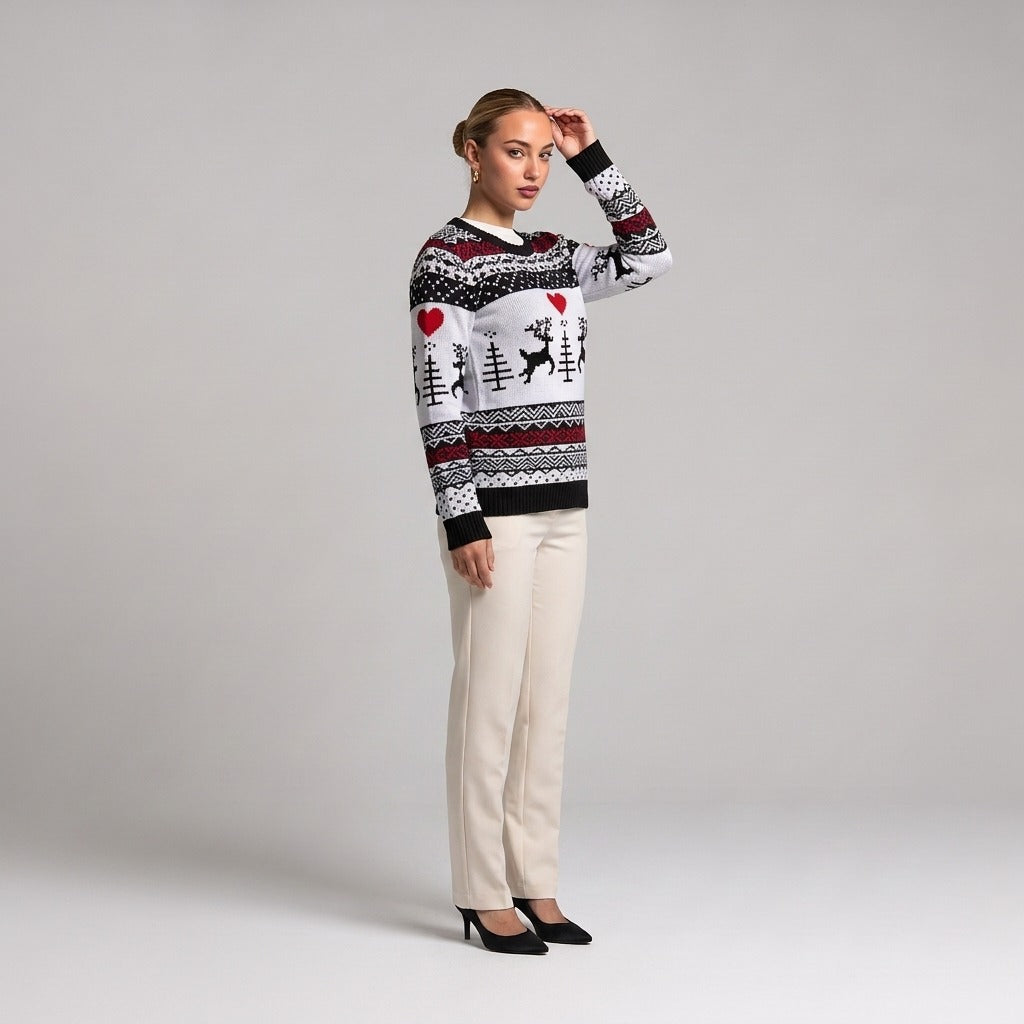 White Fair Isle Christmas jumper with hearts and reindeer, three quarter view on model