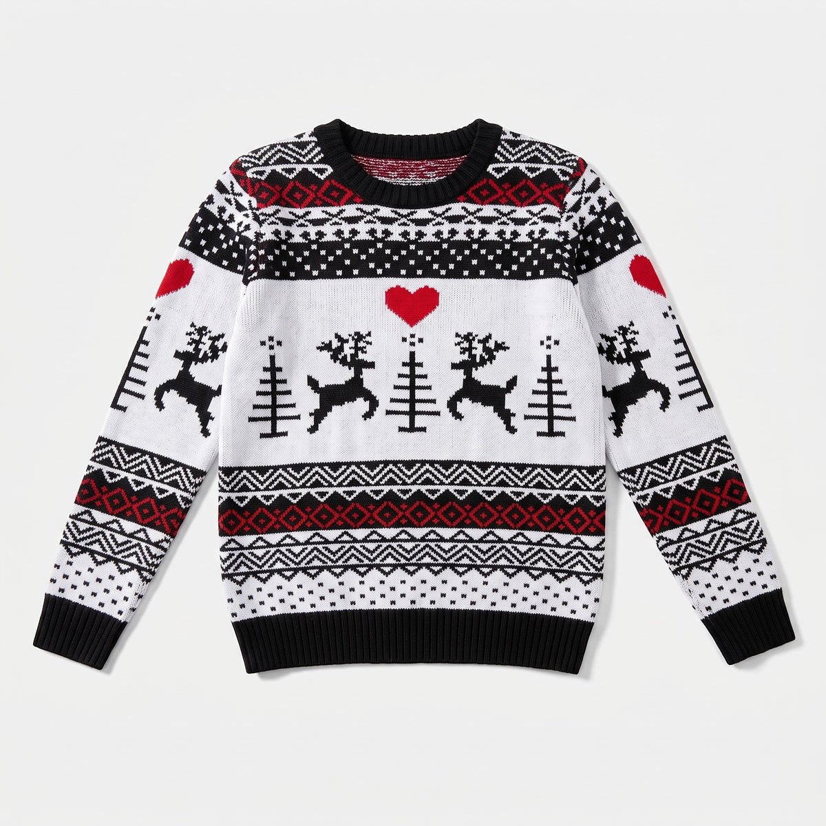 White Fair Isle Christmas jumper with hearts and reindeer laid flat