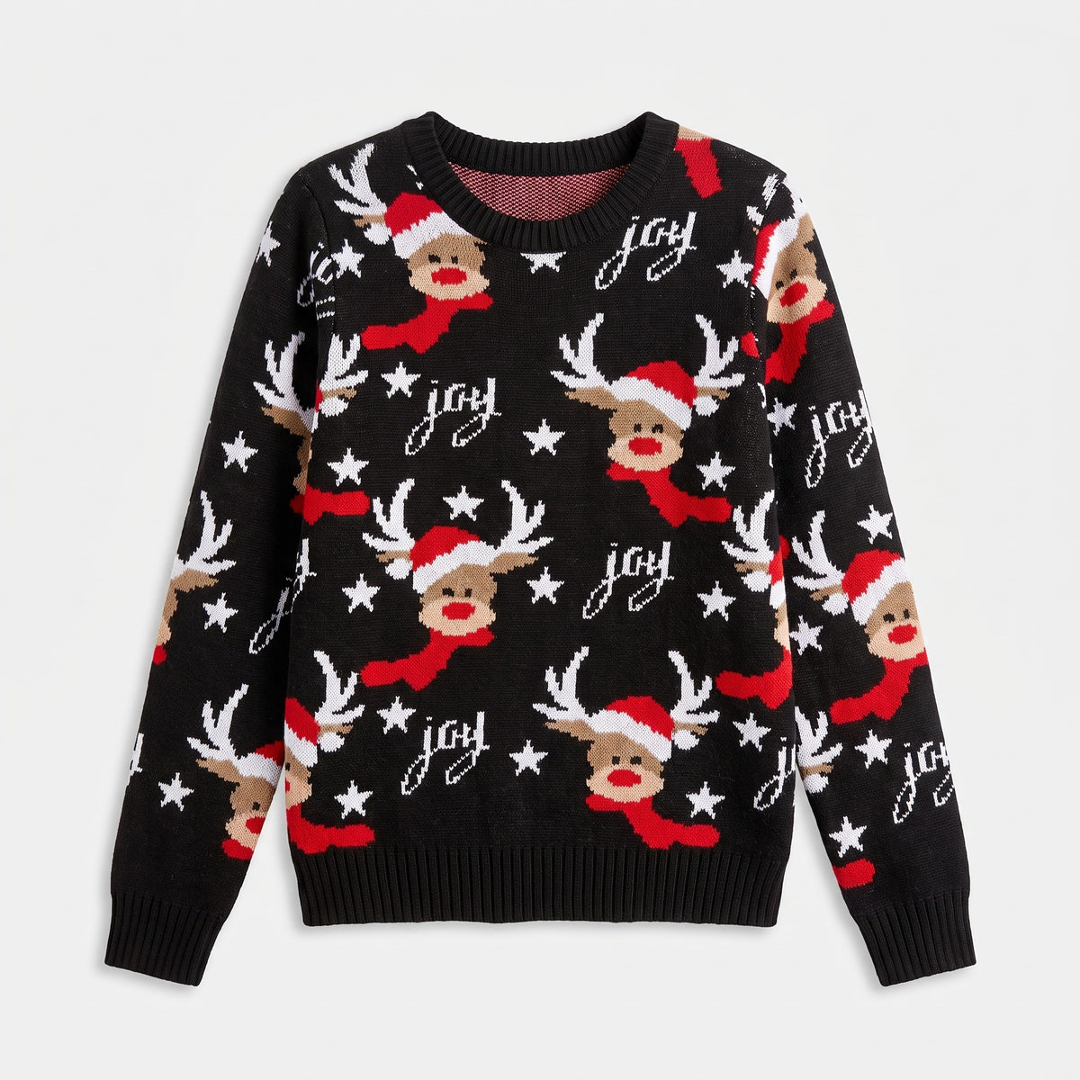 Black joy reindeer Christmas jumper laid flat