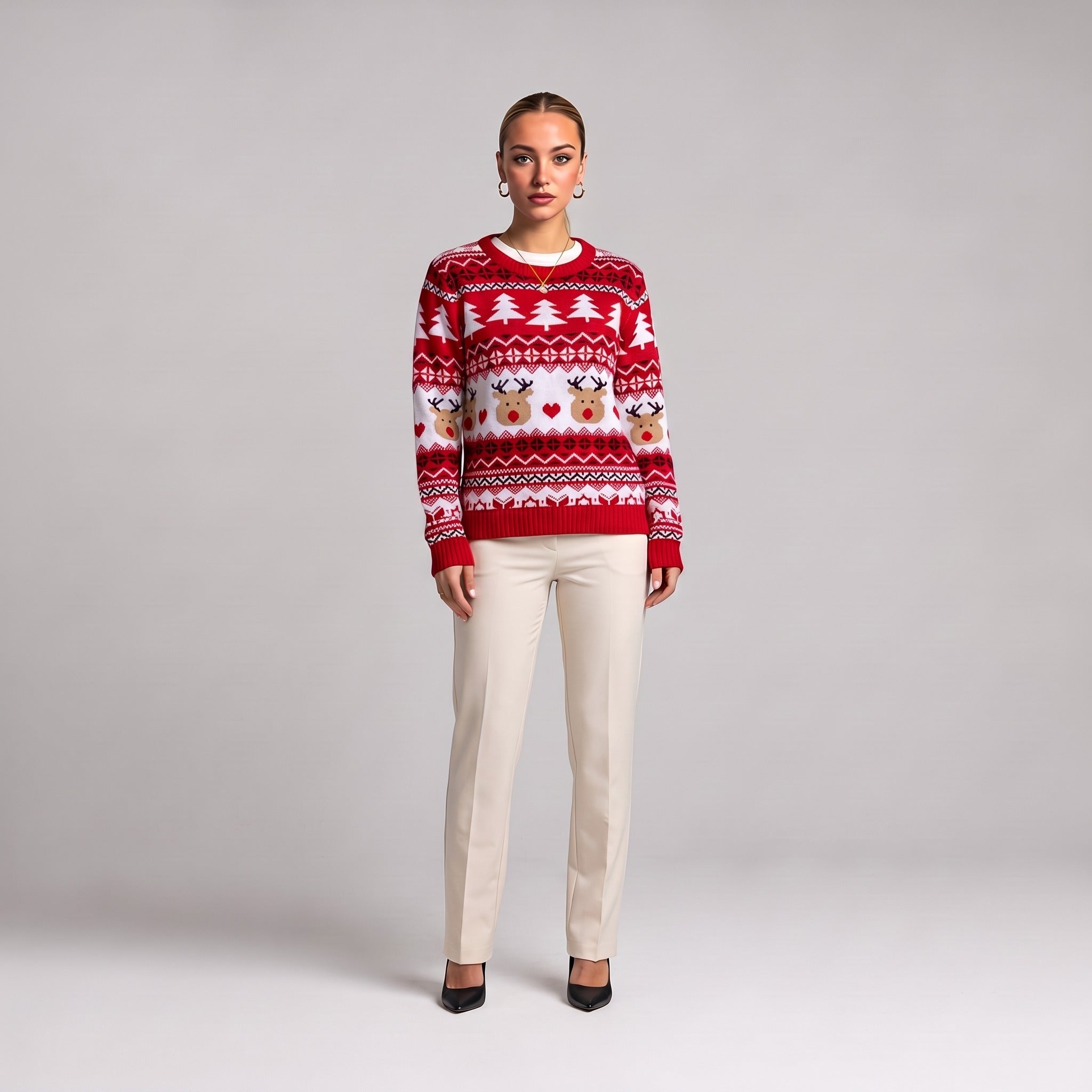 Red Fair Isle reindeer Christmas jumper, front view on model