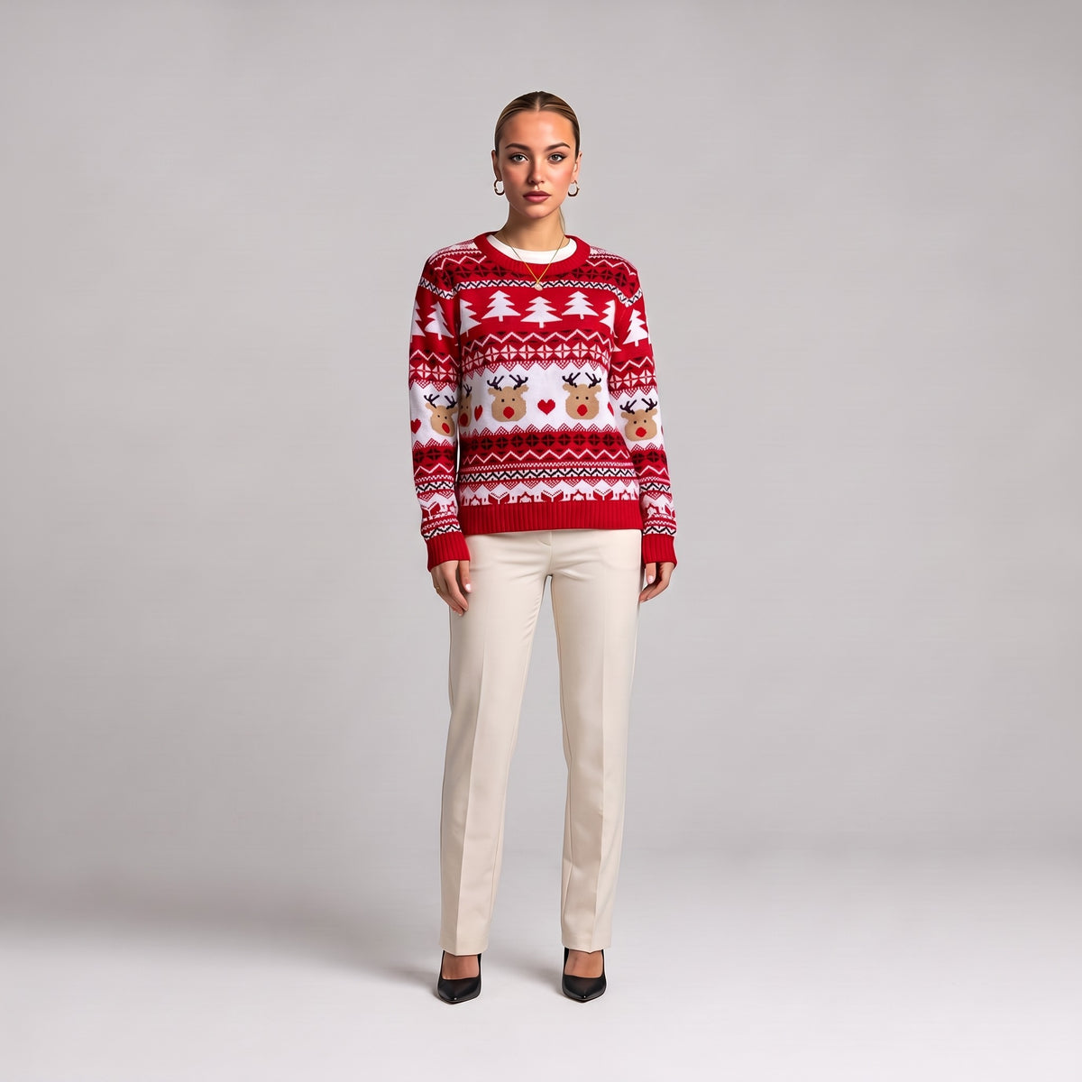 Red Fair Isle reindeer Christmas jumper, front view on model