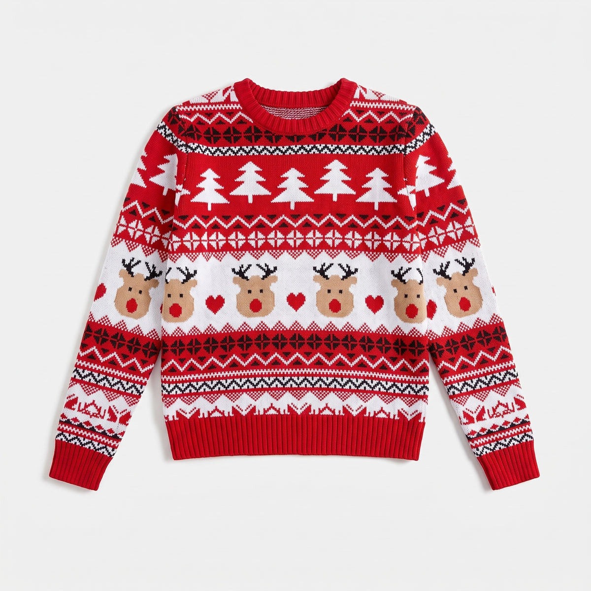Red Fair Isle reindeer Christmas jumper laid flat