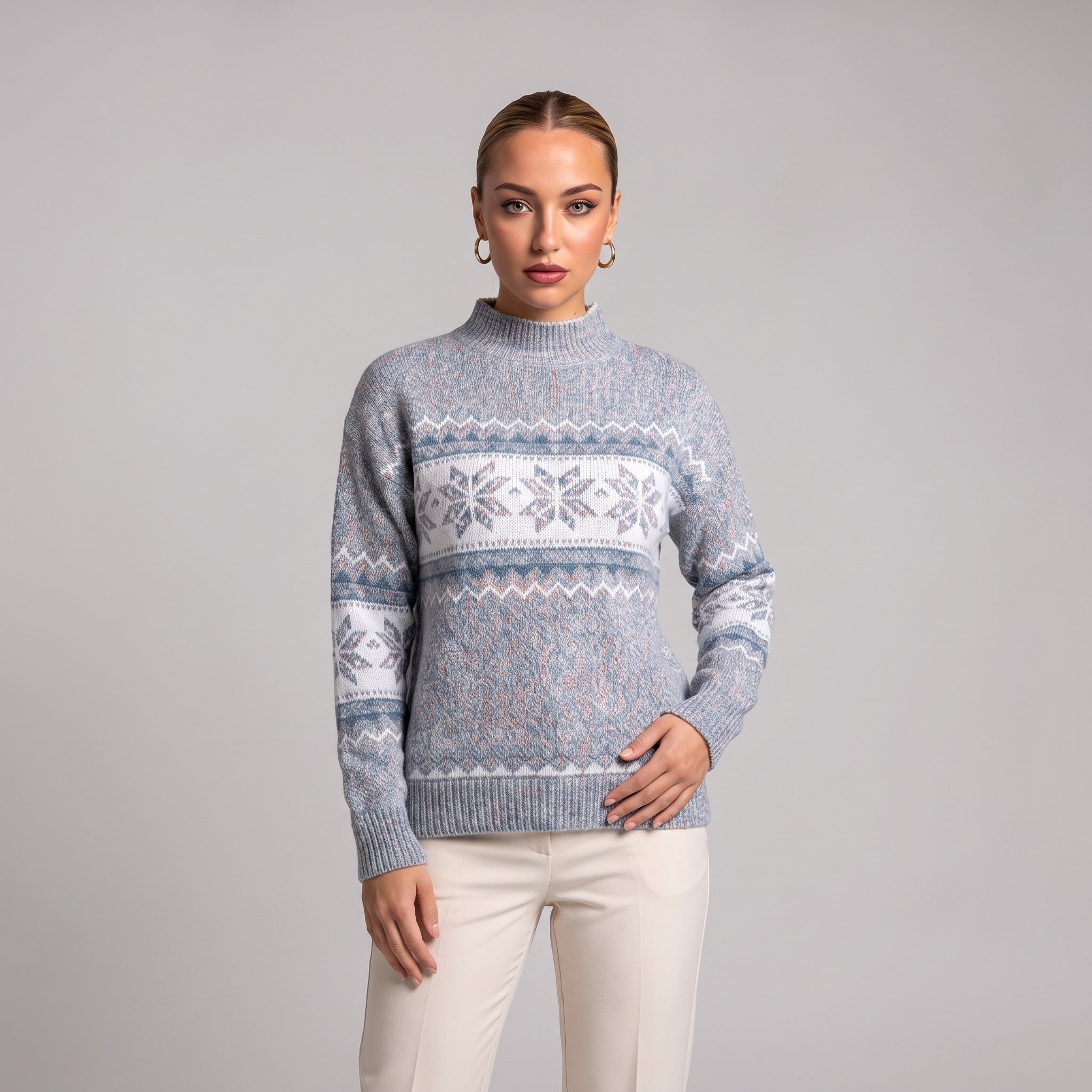 Close-up of grey snowflake chenille Christmas jumper on model