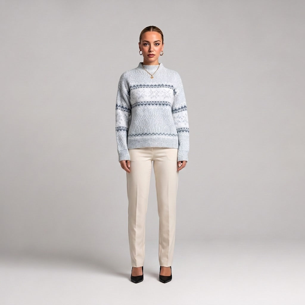 Baby blue snowflake chenille Christmas jumper, front view on model