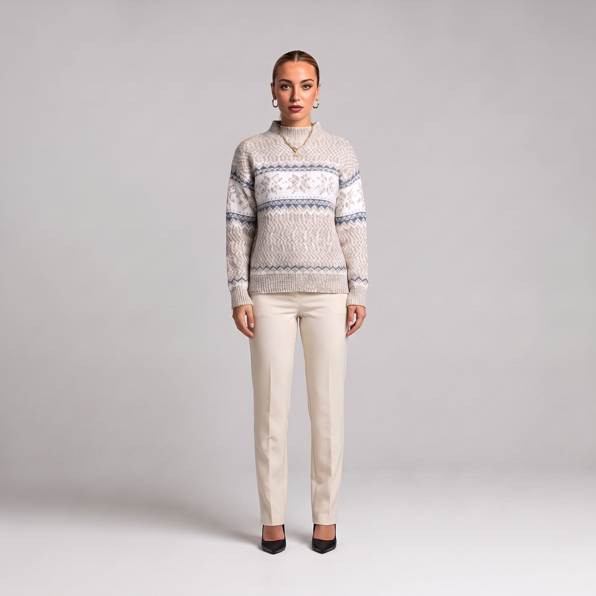 Beige snowflake chenille Christmas jumper, front view on model