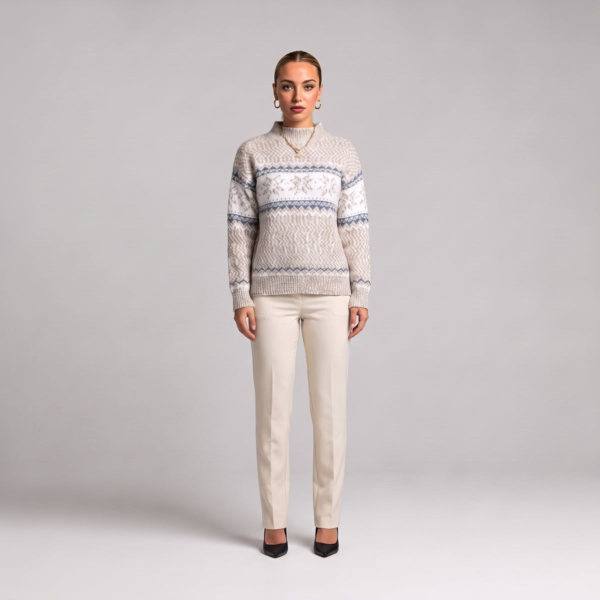 Beige snowflake chenille Christmas jumper, front view on model