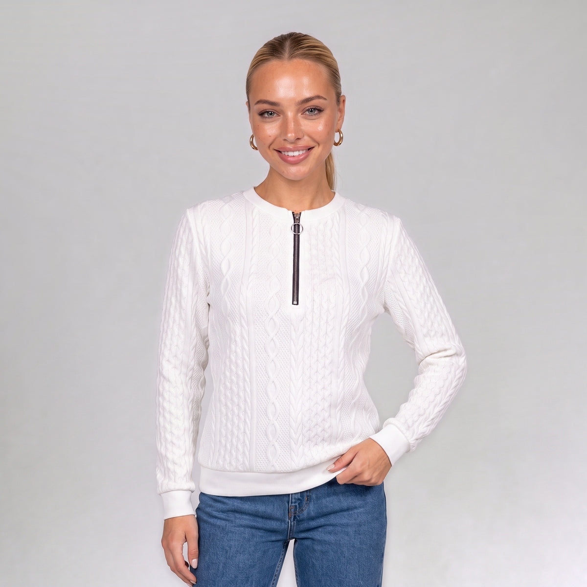Close up of the white cable knit and quarter zip collar