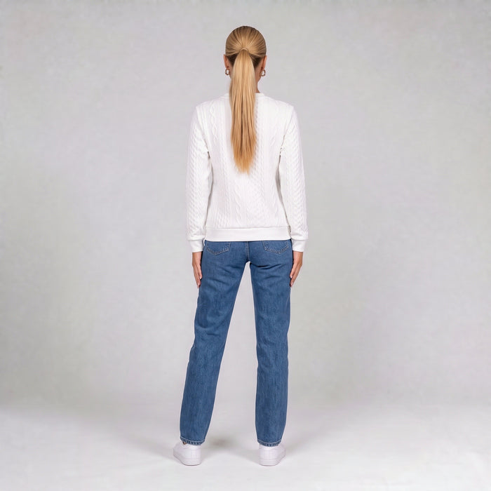 White quarter zip cable knit jumper, back view on model
