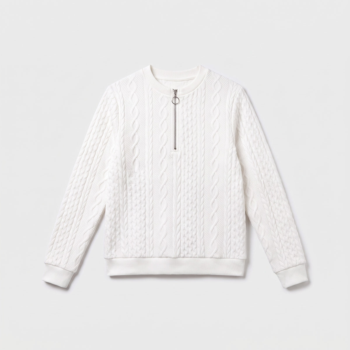White quarter zip cable knit jumper laid flat, product shot