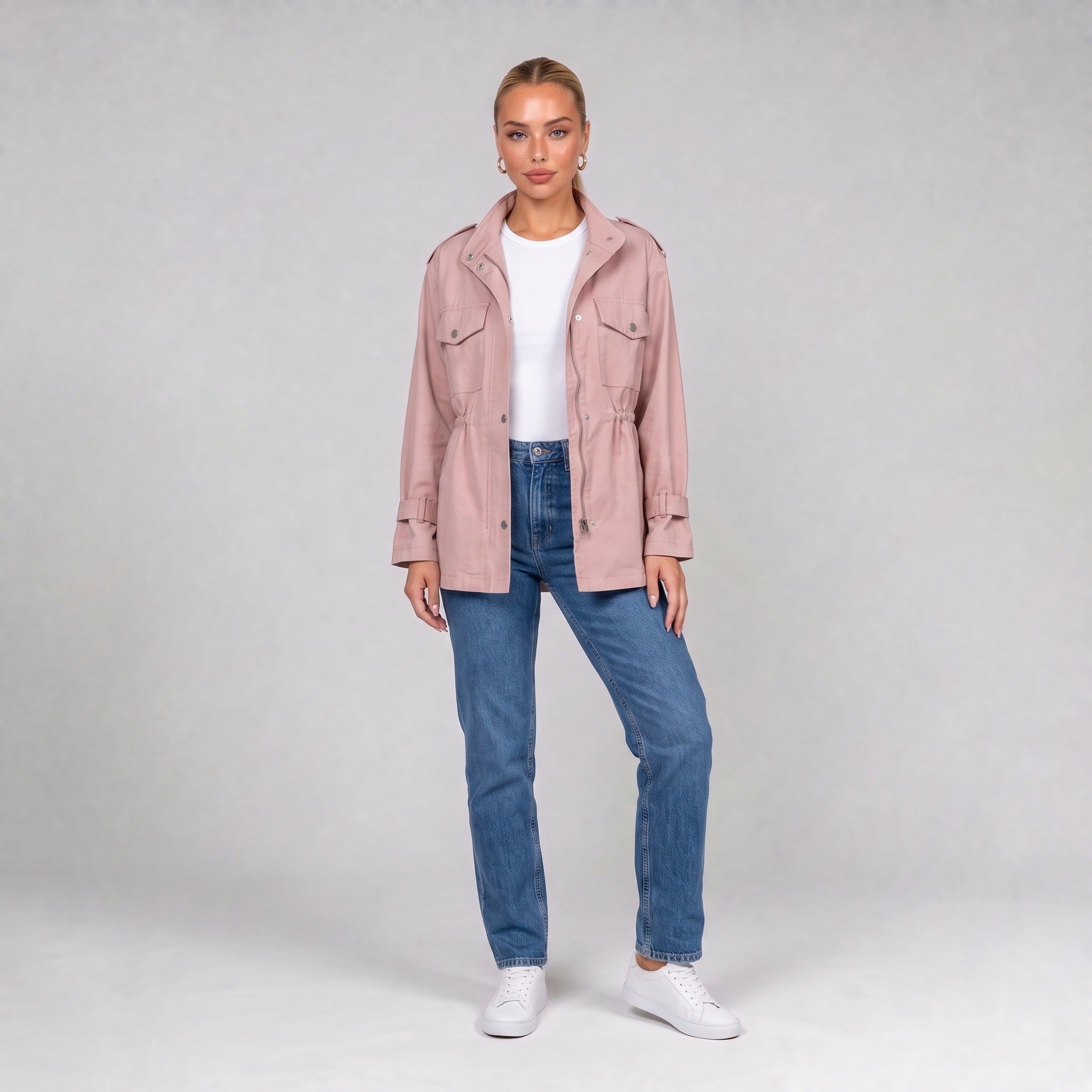 Pink utility jacket, front view on model with jeans