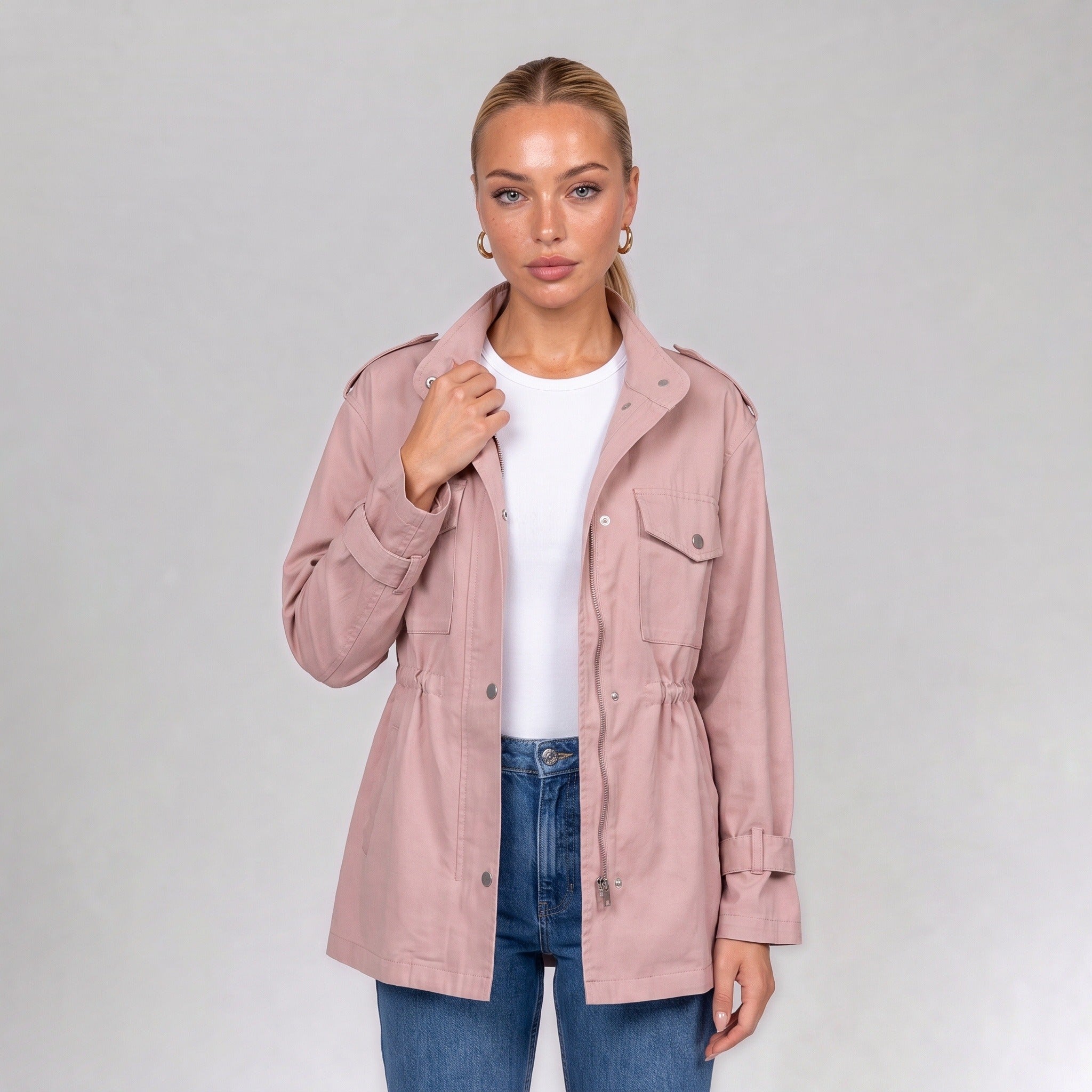 Close up of the pink utility jacket collar and chest pockets