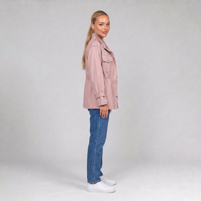Pink utility jacket, side view on model