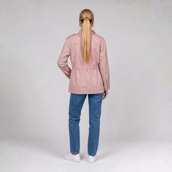 Pink utility jacket, back view with drawstring waist