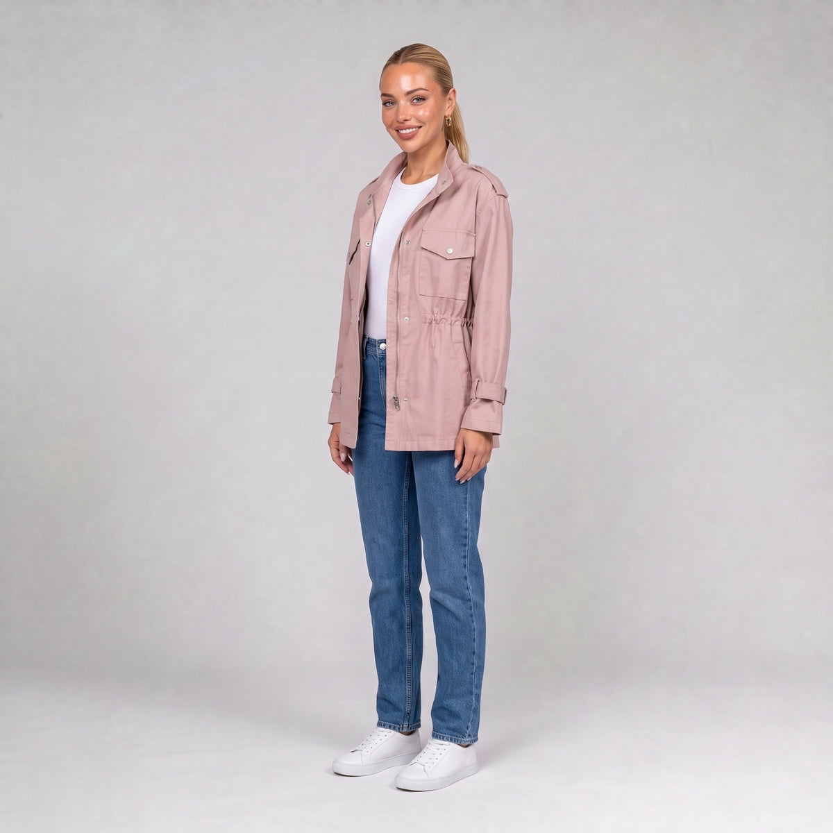 Pink utility jacket, three quarter view on model