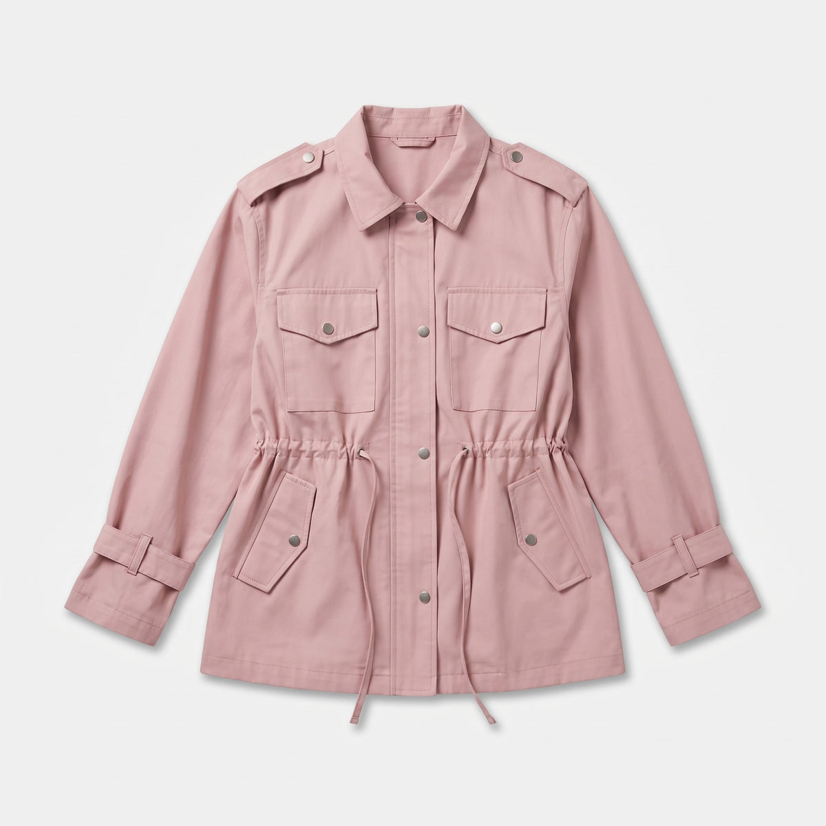 Pink utility jacket laid flat, product shot