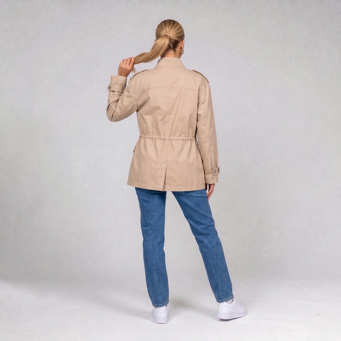 Cream utility jacket, back view on model