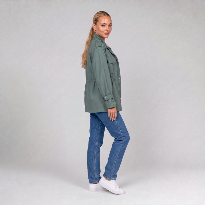 Green utility jacket, side view on model