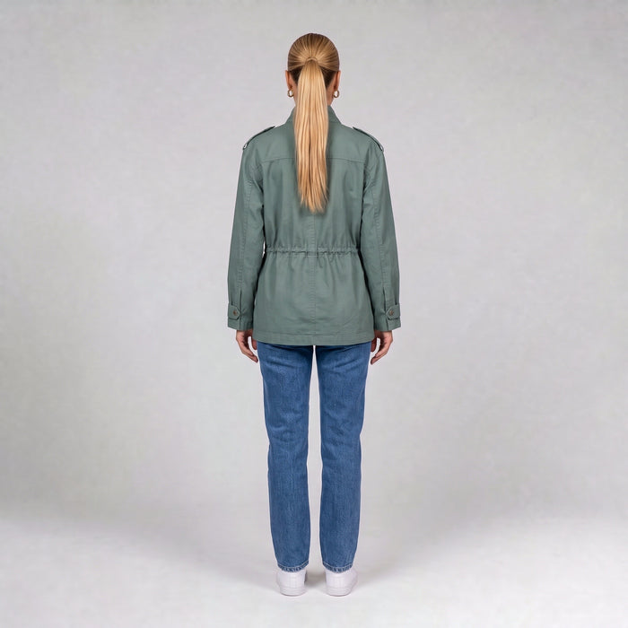 Green utility jacket, back view on model