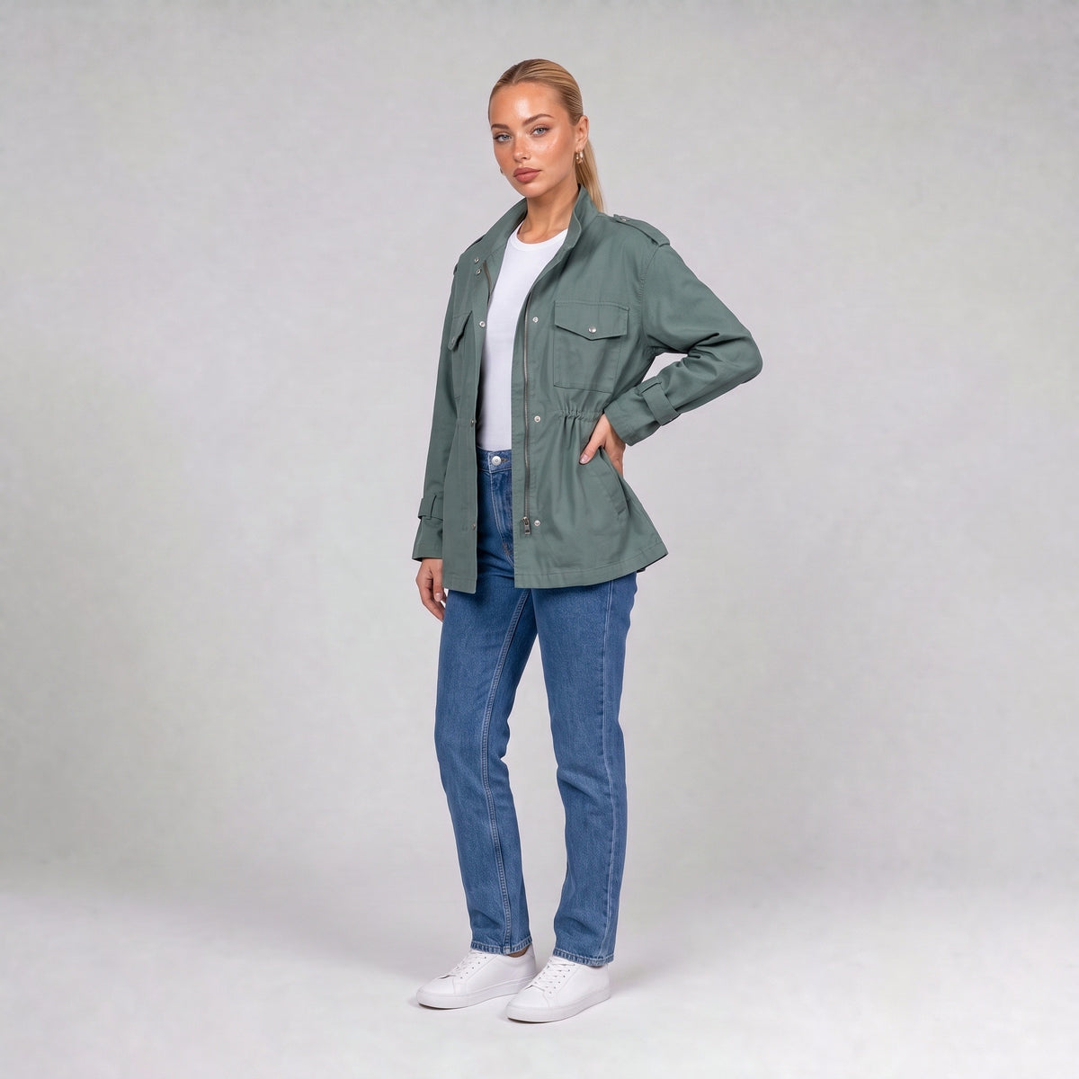 Green utility jacket, three quarter view on model