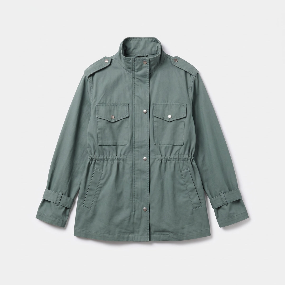 Green utility jacket, flat product photo