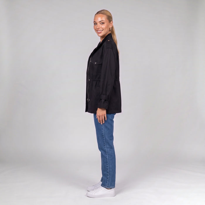 Black utility jacket, side view on model