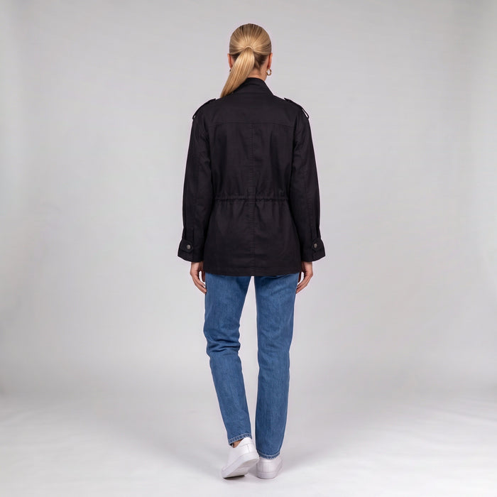Black utility jacket, back view with drawstring waist