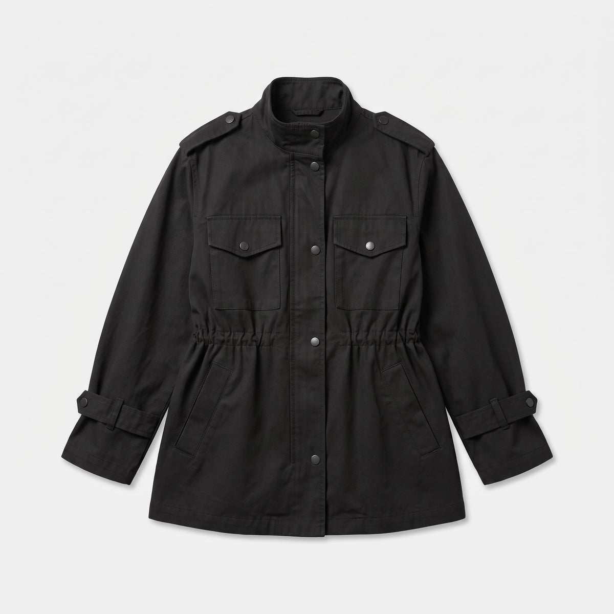 Black utility jacket laid flat, product shot
