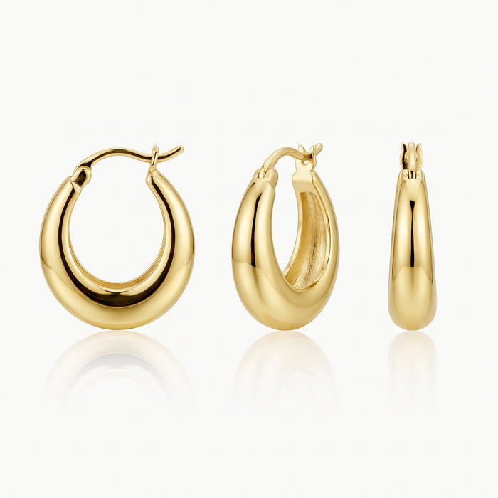 Gold-tone chunky hoop earring shown from three angles