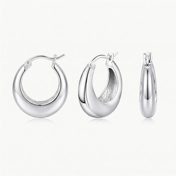 Silver-tone chunky hoop earring shown from three angles