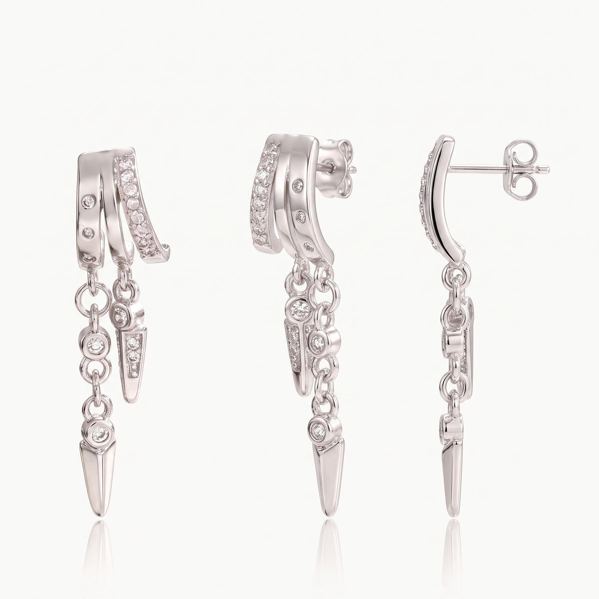 Silver-tone illusion hoop earrings with chain drops, front and side view