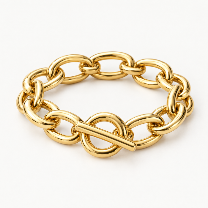 Gold-tone chunky chain bracelet with toggle clasp, three quarter view