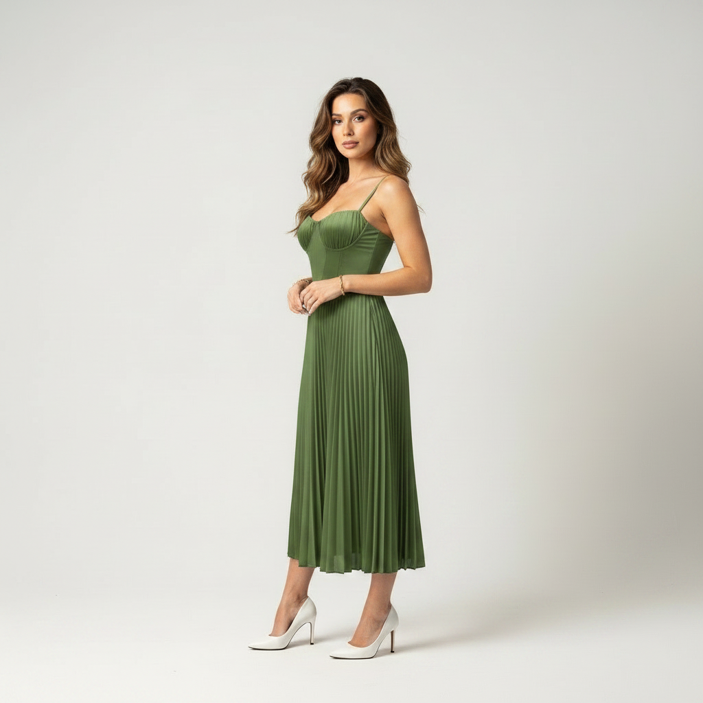 Green pleated midi dress with corset bodice and straps