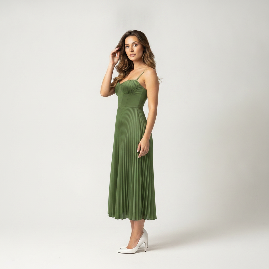 Green pleated midi dress with corset bodice and straps