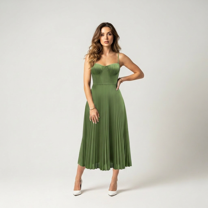 Green pleated midi dress with corset bodice and straps