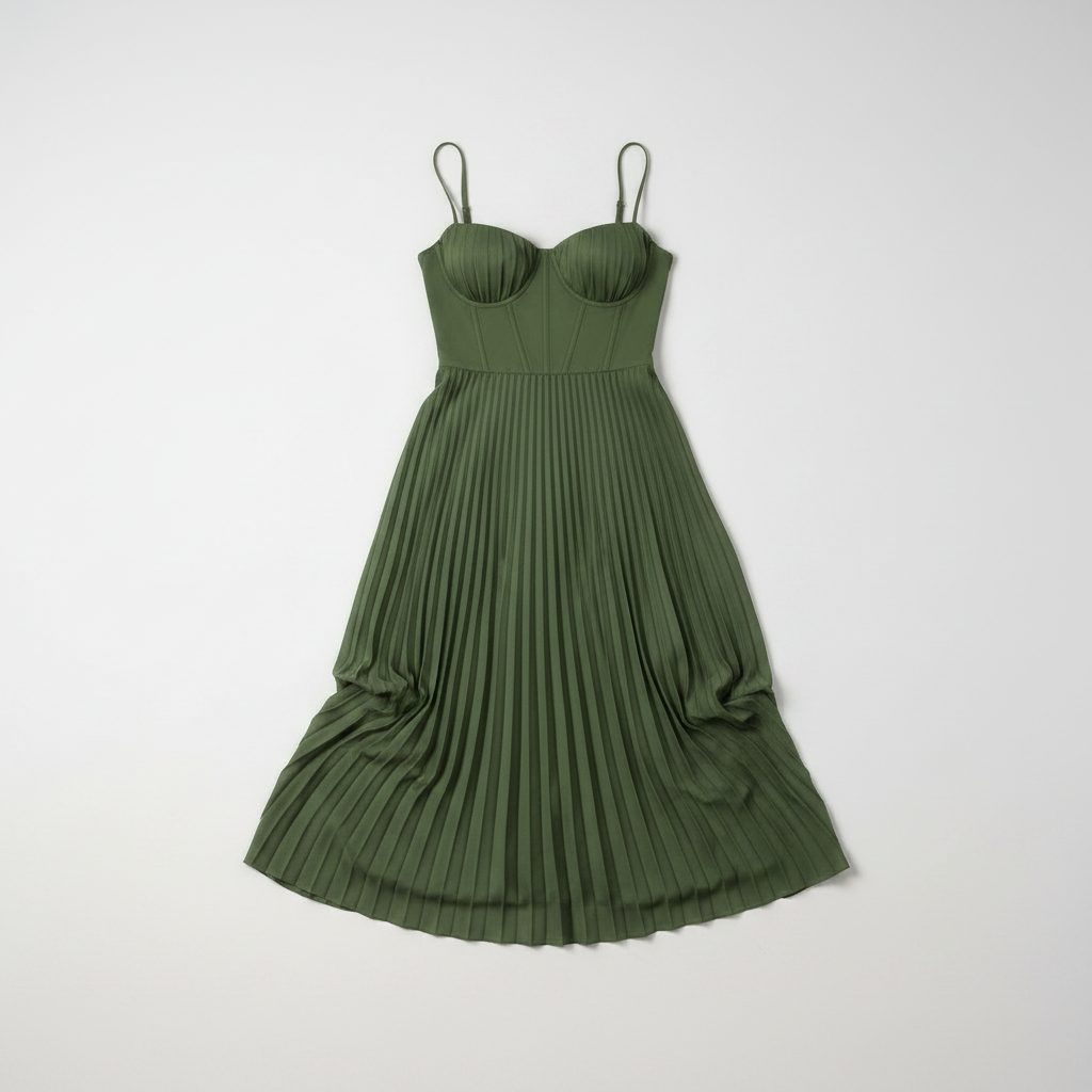 Green pleated midi dress with corset bodice and straps