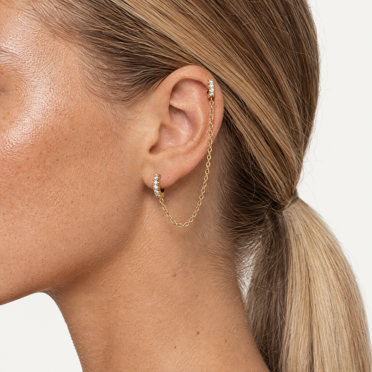 Gold-tone double huggie chain earring