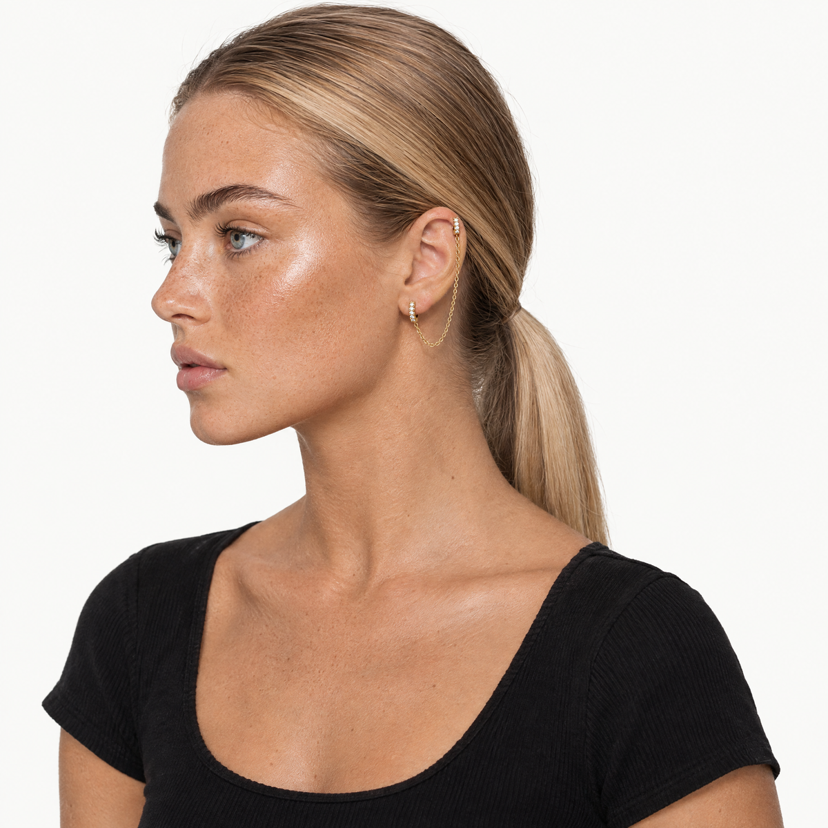 Gold-tone double huggie chain earring