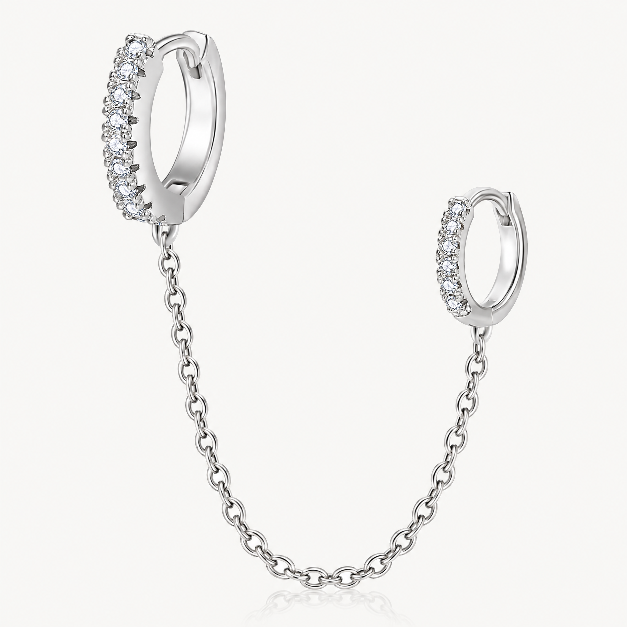 Double huggie chain earring CZ hoops single silver-tone