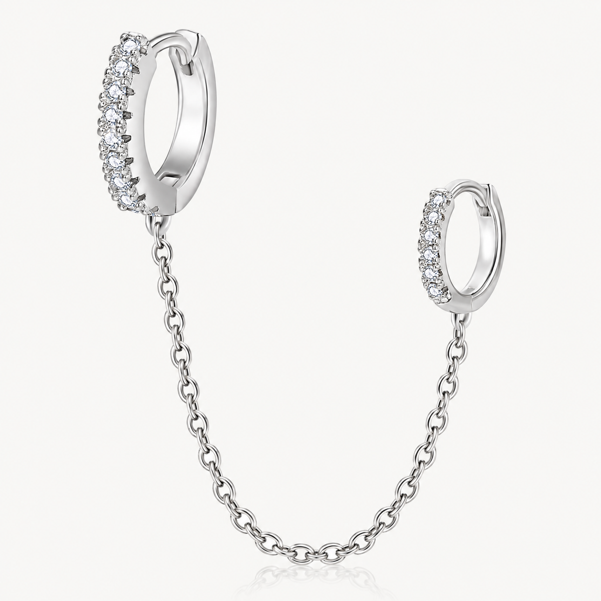 Double huggie chain earring CZ hoops single silver-tone