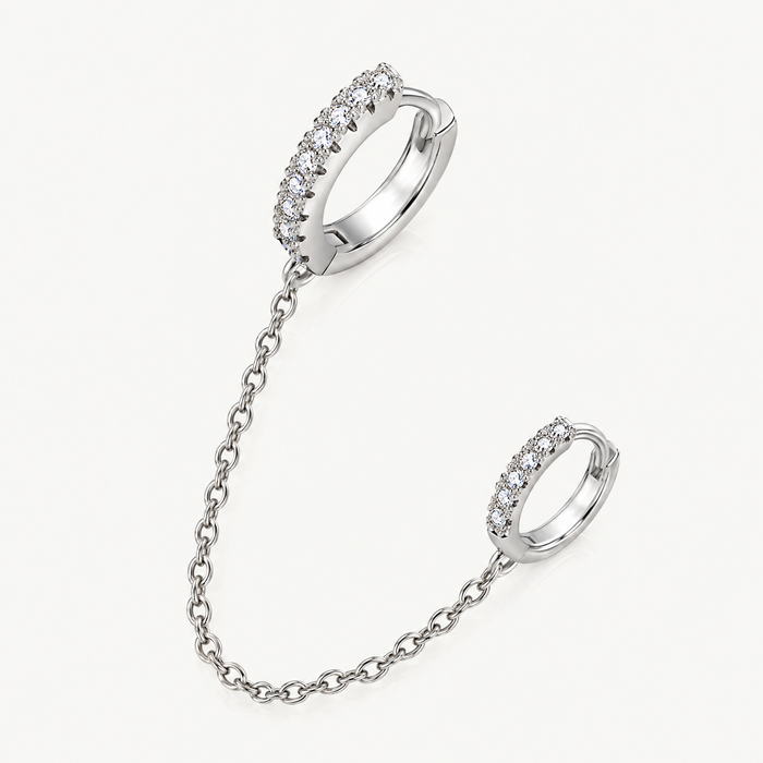 Double huggie chain earring CZ hoops single silver-tone