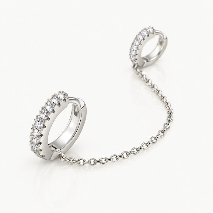 Double huggie chain earring CZ hoops single silver-tone