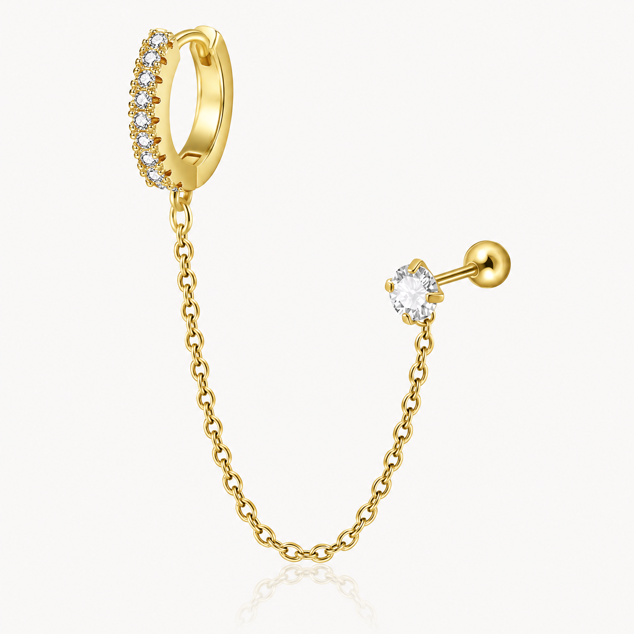 Huggie chain earring CZ cartilage stud single gold-tone