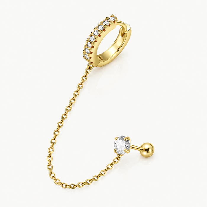 Huggie chain earring CZ cartilage stud single gold-tone