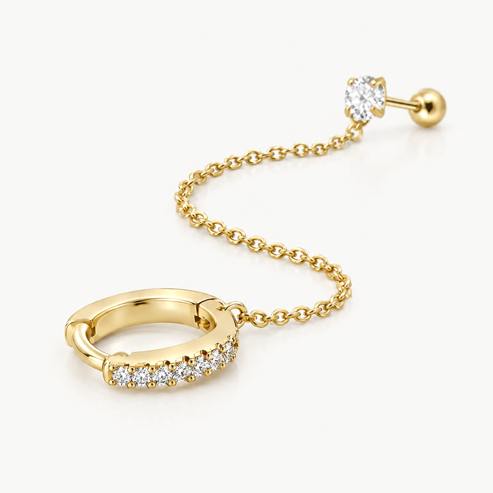 Huggie chain earring CZ cartilage stud single gold-tone