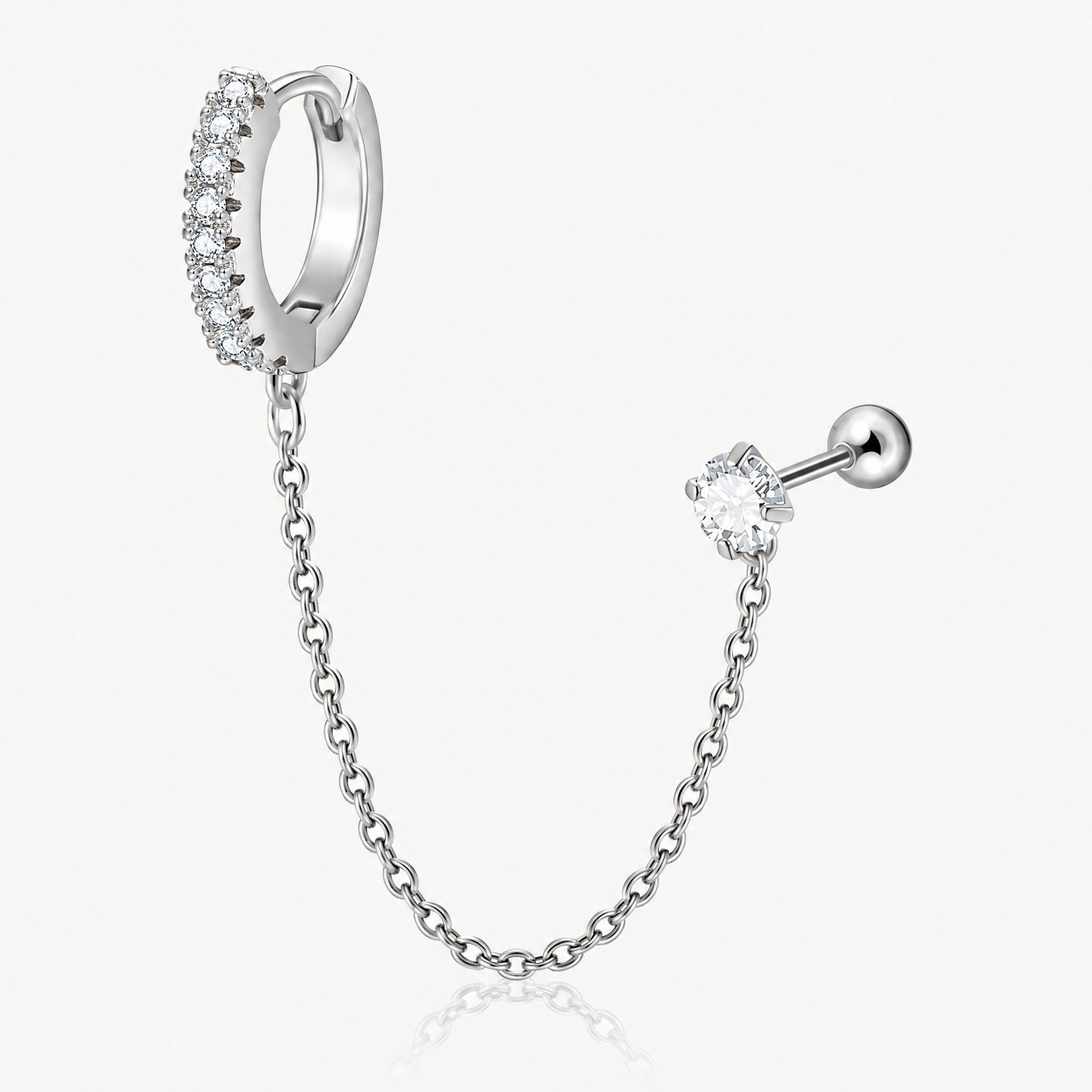 Huggie chain earring CZ cartilage stud single silver-tone