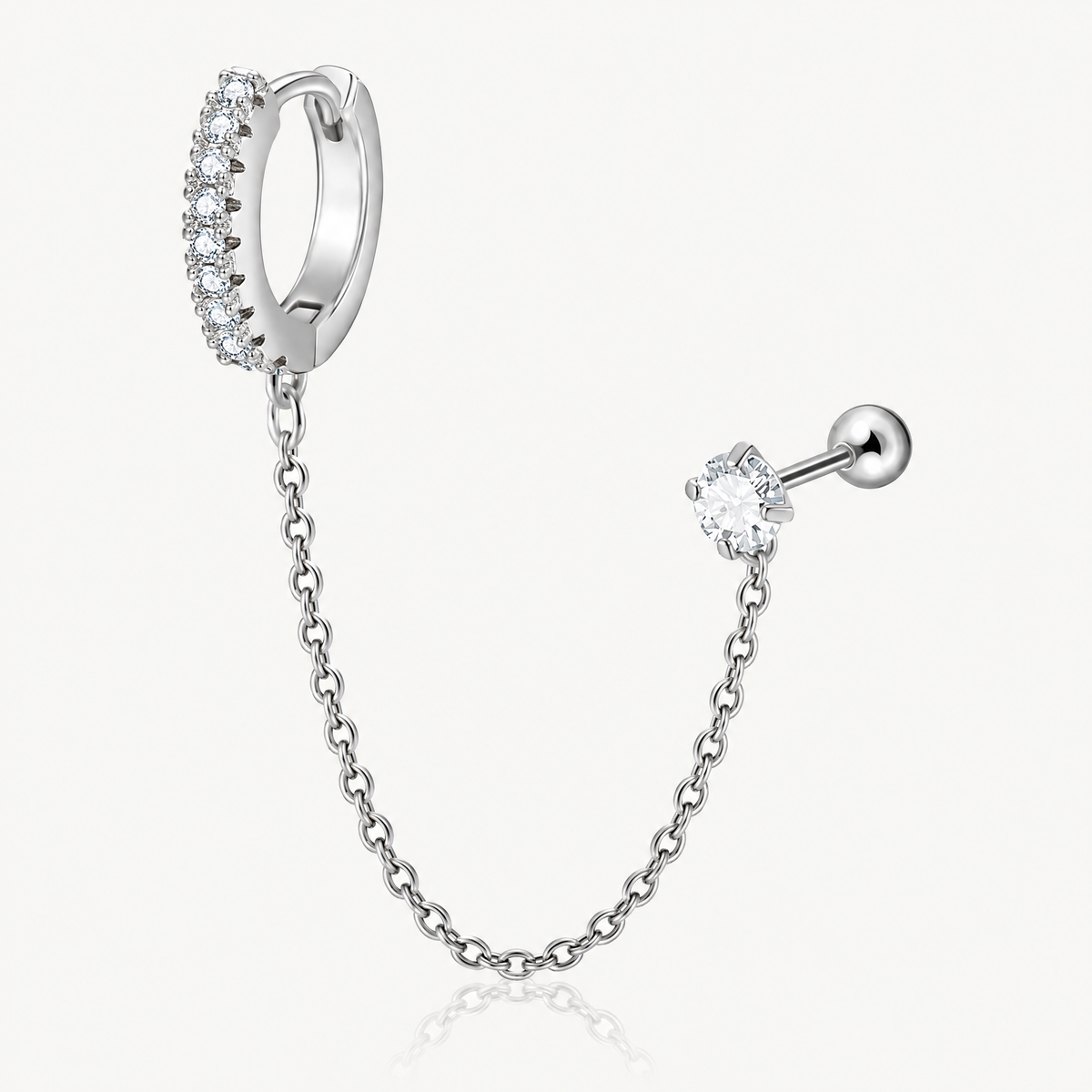Huggie chain earring CZ cartilage stud single silver-tone