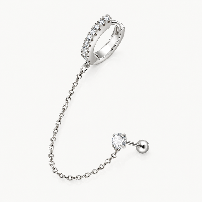 Huggie chain earring CZ cartilage stud single silver-tone