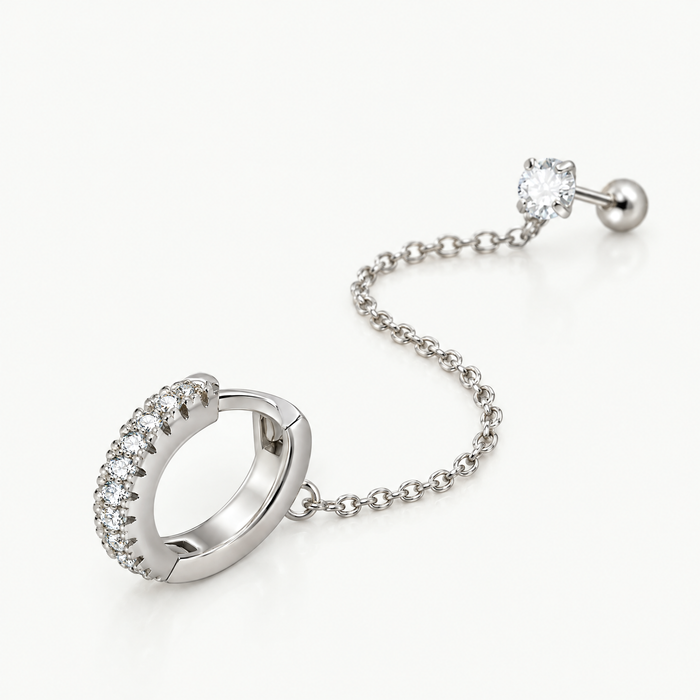Huggie chain earring CZ cartilage stud single silver-tone
