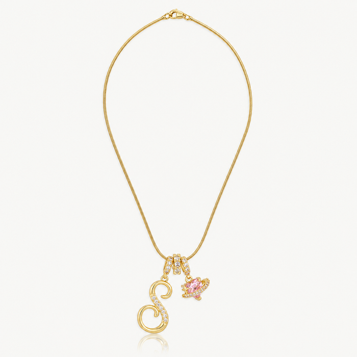 Gold-tone script initial necklace with pink flower charm