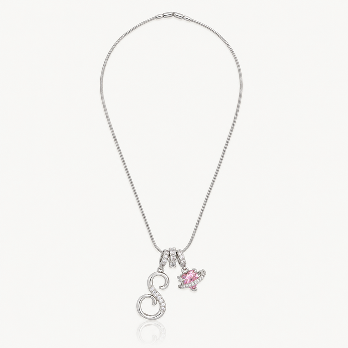 Silver-tone script initial necklace with pink flower charm
